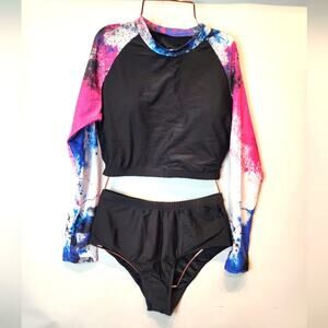 New Two Piece Rash Guard Swimsuit Long Sleeve Black Purple Pink High‎ Waist M